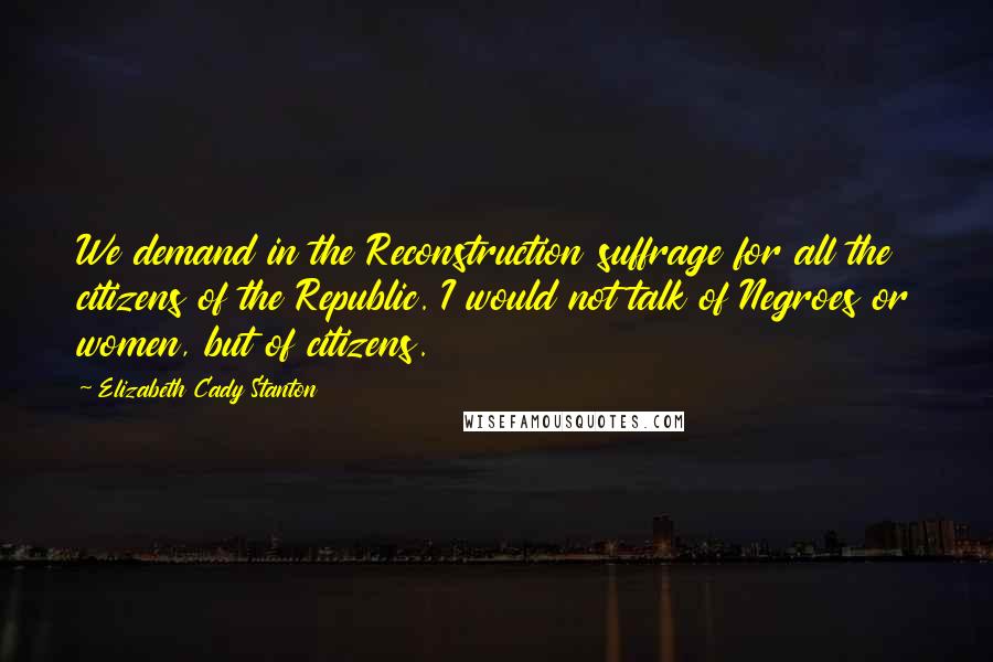 Elizabeth Cady Stanton Quotes: We demand in the Reconstruction suffrage for all the citizens of the Republic. I would not talk of Negroes or women, but of citizens.
