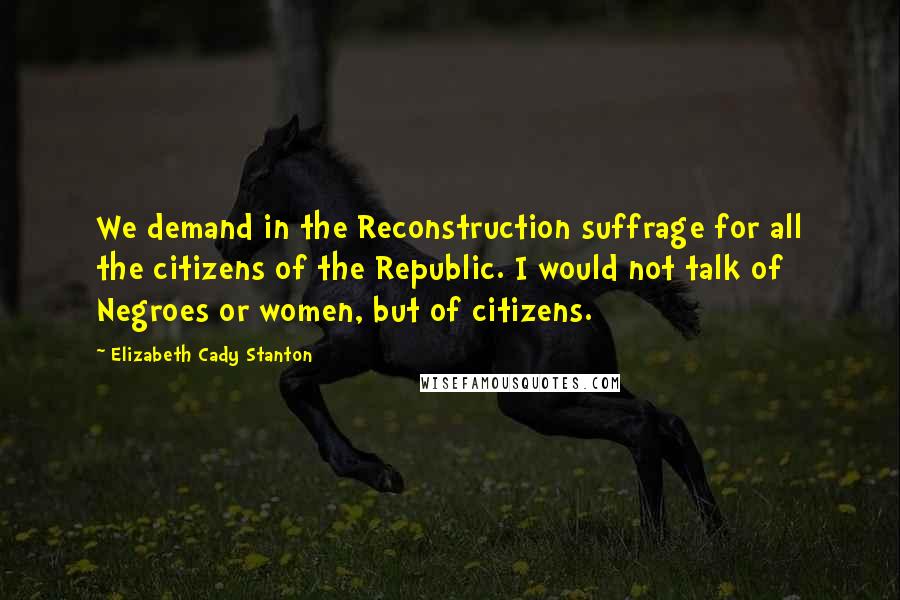 Elizabeth Cady Stanton Quotes: We demand in the Reconstruction suffrage for all the citizens of the Republic. I would not talk of Negroes or women, but of citizens.