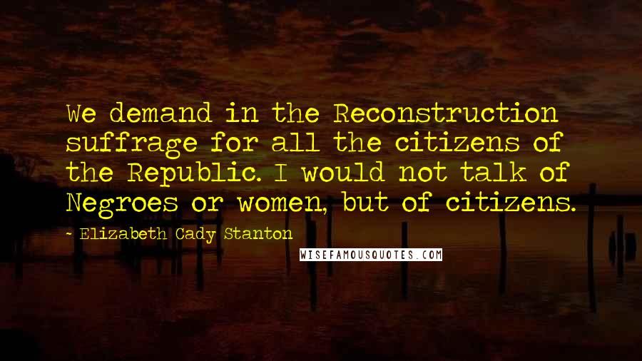 Elizabeth Cady Stanton Quotes: We demand in the Reconstruction suffrage for all the citizens of the Republic. I would not talk of Negroes or women, but of citizens.