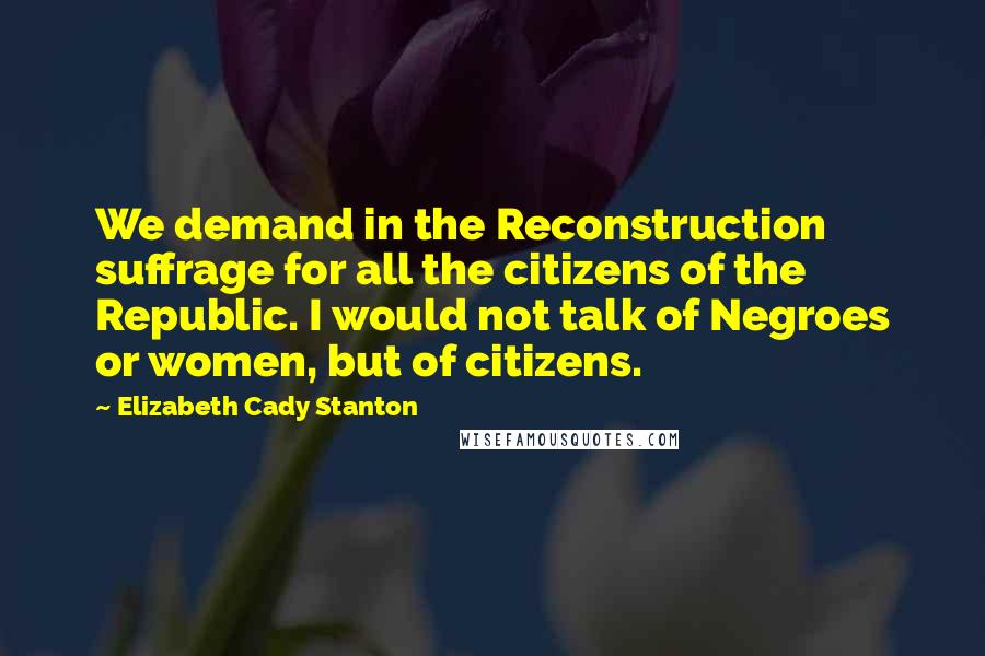 Elizabeth Cady Stanton Quotes: We demand in the Reconstruction suffrage for all the citizens of the Republic. I would not talk of Negroes or women, but of citizens.