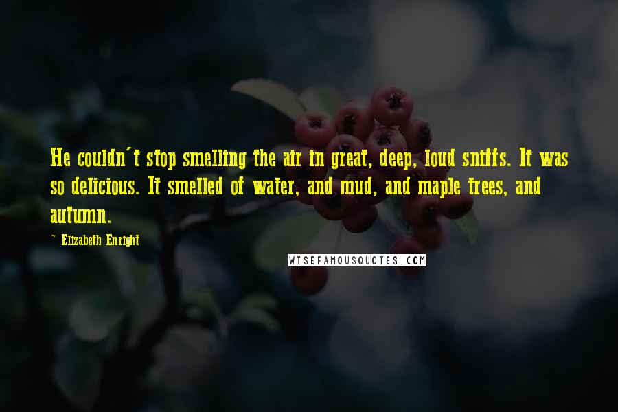 Elizabeth Enright Quotes: He couldn't stop smelling the air in great, deep, loud sniffs. It was so delicious. It smelled of water, and mud, and maple trees, and autumn.
