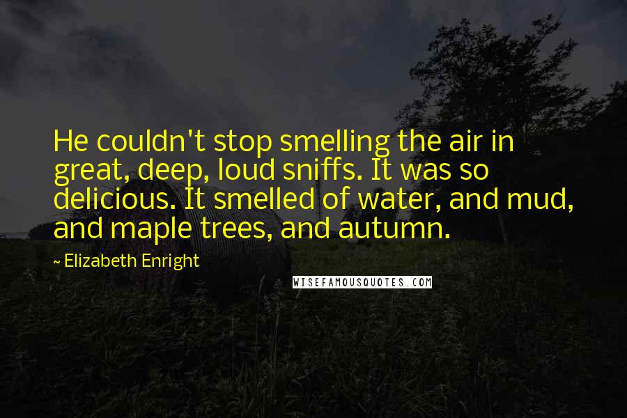 Elizabeth Enright Quotes: He couldn't stop smelling the air in great, deep, loud sniffs. It was so delicious. It smelled of water, and mud, and maple trees, and autumn.