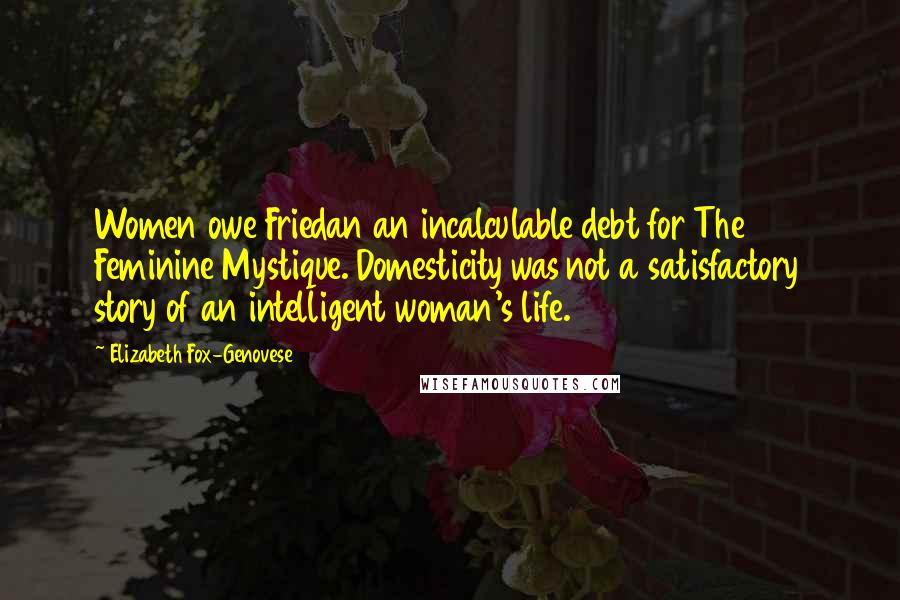 Elizabeth Fox-Genovese Quotes: Women owe Friedan an incalculable debt for The Feminine Mystique. Domesticity was not a satisfactory story of an intelligent woman's life.