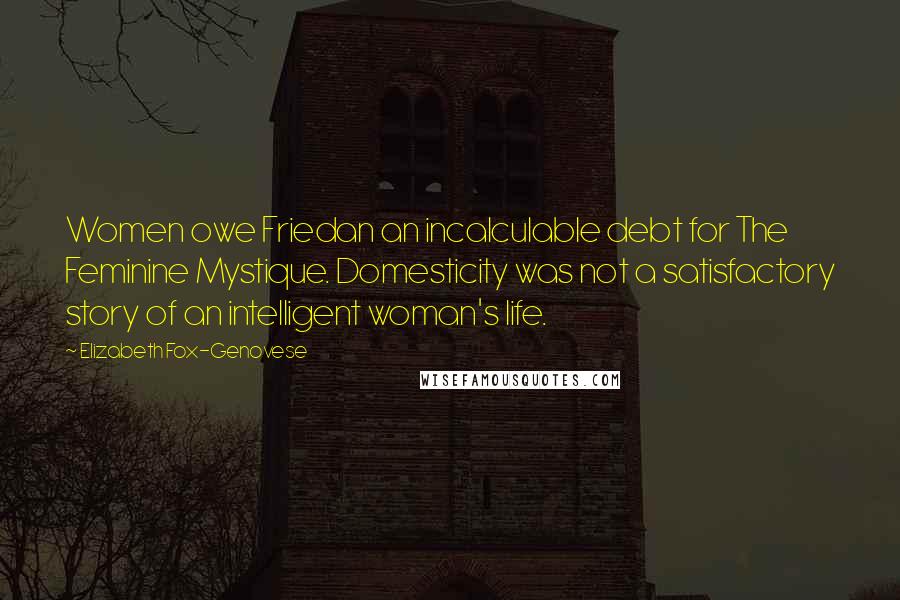 Elizabeth Fox-Genovese Quotes: Women owe Friedan an incalculable debt for The Feminine Mystique. Domesticity was not a satisfactory story of an intelligent woman's life.