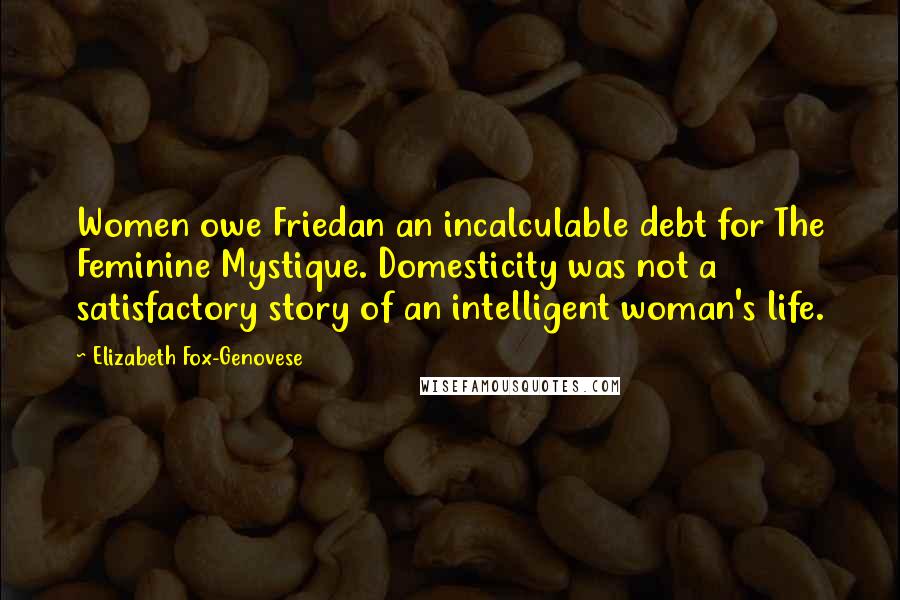 Elizabeth Fox-Genovese Quotes: Women owe Friedan an incalculable debt for The Feminine Mystique. Domesticity was not a satisfactory story of an intelligent woman's life.