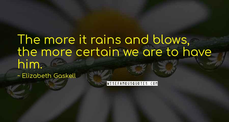 Elizabeth Gaskell Quotes: The more it rains and blows, the more certain we are to have him.