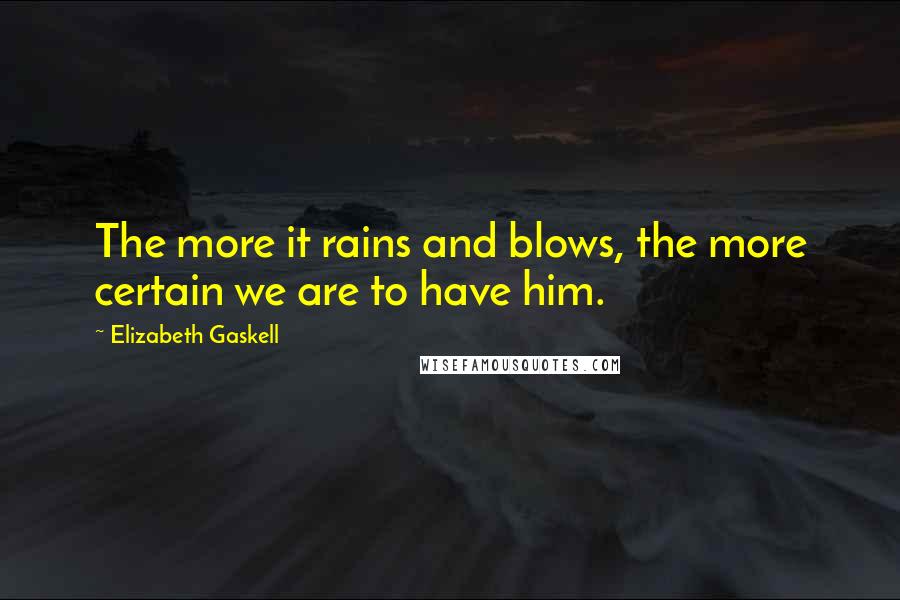 Elizabeth Gaskell Quotes: The more it rains and blows, the more certain we are to have him.