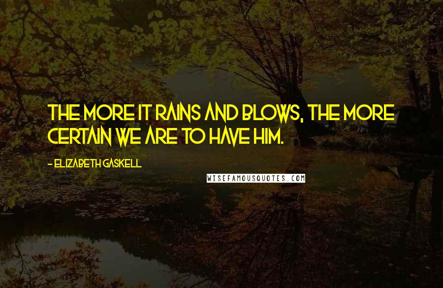 Elizabeth Gaskell Quotes: The more it rains and blows, the more certain we are to have him.