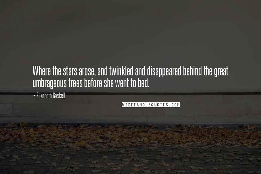 Elizabeth Gaskell Quotes: Where the stars arose, and twinkled and disappeared behind the great umbrageous trees before she went to bed.