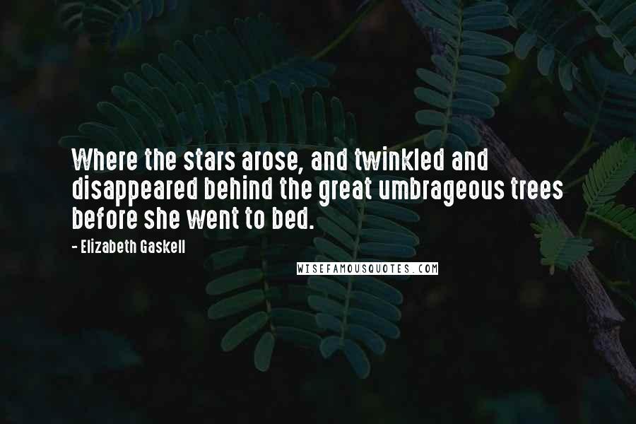 Elizabeth Gaskell Quotes: Where the stars arose, and twinkled and disappeared behind the great umbrageous trees before she went to bed.