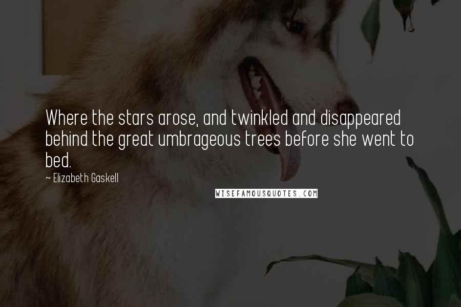 Elizabeth Gaskell Quotes: Where the stars arose, and twinkled and disappeared behind the great umbrageous trees before she went to bed.