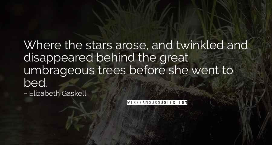 Elizabeth Gaskell Quotes: Where the stars arose, and twinkled and disappeared behind the great umbrageous trees before she went to bed.