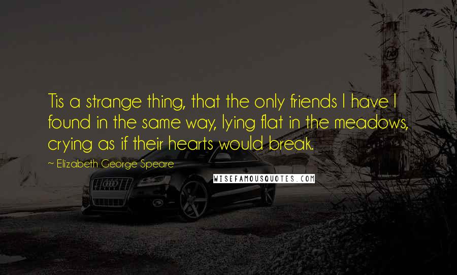Elizabeth George Speare Quotes: Tis a strange thing, that the only friends I have I found in the same way, lying flat in the meadows, crying as if their hearts would break.