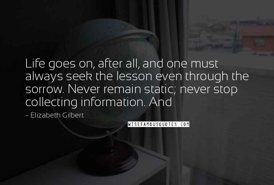 Elizabeth Gilbert Quotes: Life goes on, after all, and one must always seek the lesson even through the sorrow. Never remain static; never stop collecting information. And