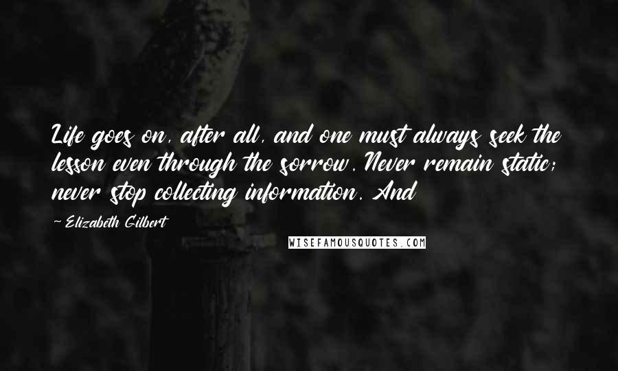 Elizabeth Gilbert Quotes: Life goes on, after all, and one must always seek the lesson even through the sorrow. Never remain static; never stop collecting information. And