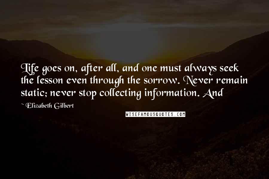 Elizabeth Gilbert Quotes: Life goes on, after all, and one must always seek the lesson even through the sorrow. Never remain static; never stop collecting information. And
