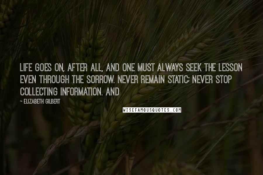 Elizabeth Gilbert Quotes: Life goes on, after all, and one must always seek the lesson even through the sorrow. Never remain static; never stop collecting information. And