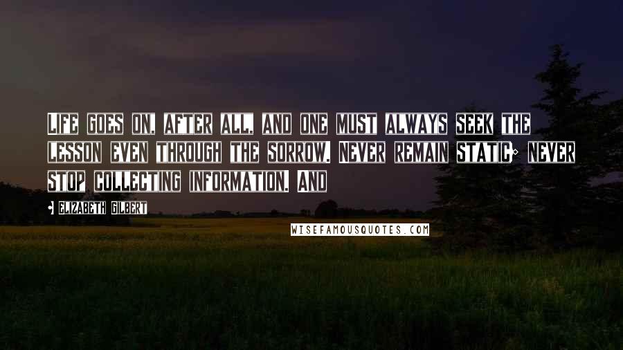 Elizabeth Gilbert Quotes: Life goes on, after all, and one must always seek the lesson even through the sorrow. Never remain static; never stop collecting information. And