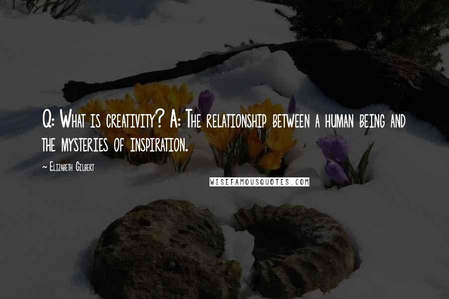 Elizabeth Gilbert Quotes: Q: What is creativity? A: The relationship between a human being and the mysteries of inspiration.