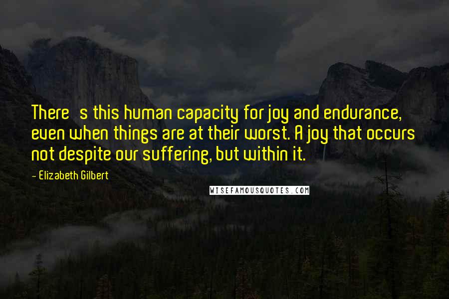 Elizabeth Gilbert Quotes: There's this human capacity for joy and endurance, even when things are at their worst. A joy that occurs not despite our suffering, but within it.