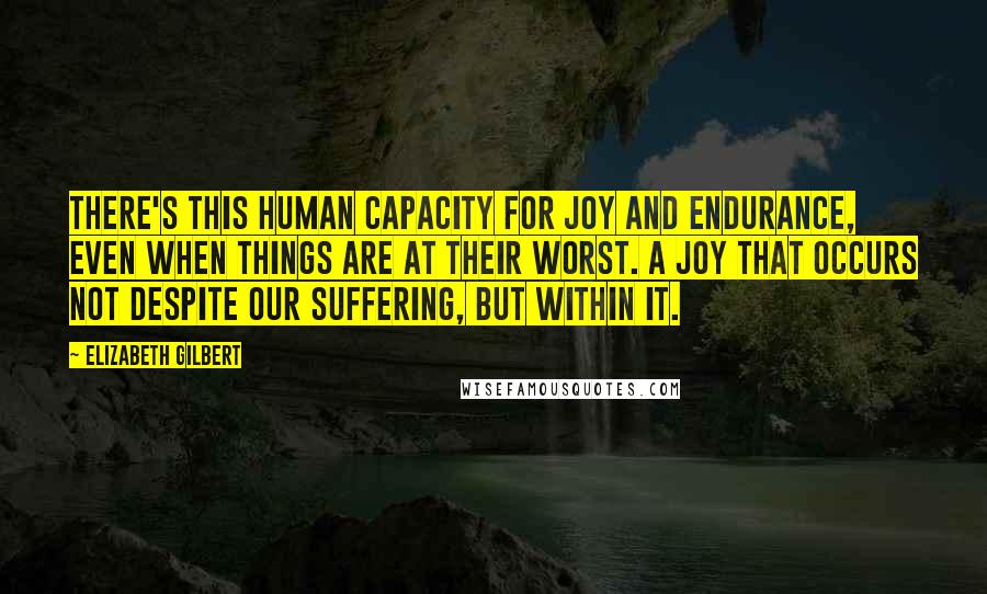 Elizabeth Gilbert Quotes: There's this human capacity for joy and endurance, even when things are at their worst. A joy that occurs not despite our suffering, but within it.