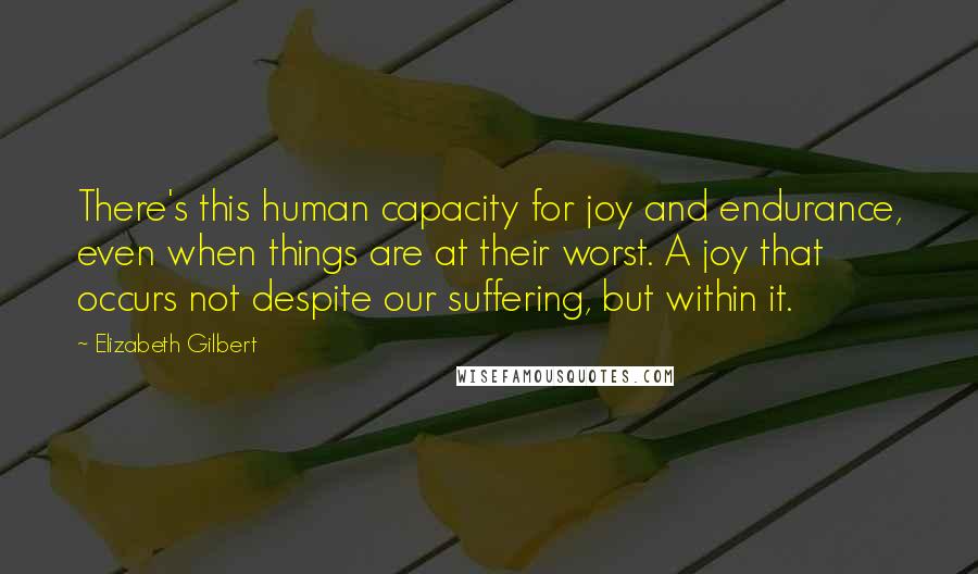 Elizabeth Gilbert Quotes: There's this human capacity for joy and endurance, even when things are at their worst. A joy that occurs not despite our suffering, but within it.