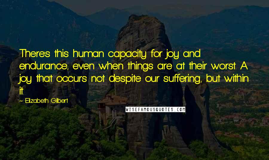 Elizabeth Gilbert Quotes: There's this human capacity for joy and endurance, even when things are at their worst. A joy that occurs not despite our suffering, but within it.