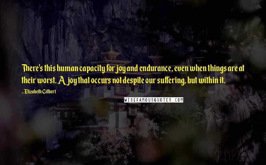 Elizabeth Gilbert Quotes: There's this human capacity for joy and endurance, even when things are at their worst. A joy that occurs not despite our suffering, but within it.