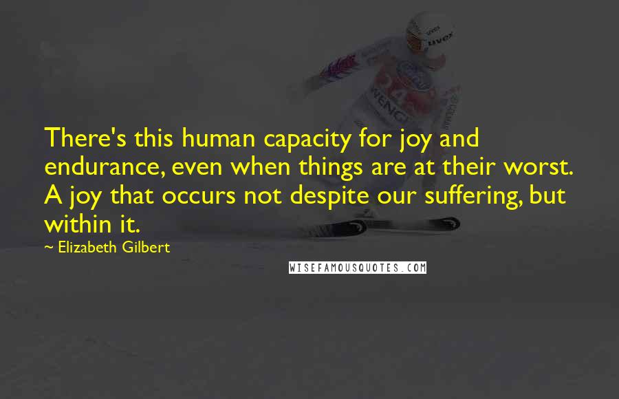 Elizabeth Gilbert Quotes: There's this human capacity for joy and endurance, even when things are at their worst. A joy that occurs not despite our suffering, but within it.