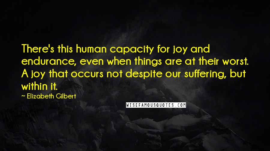 Elizabeth Gilbert Quotes: There's this human capacity for joy and endurance, even when things are at their worst. A joy that occurs not despite our suffering, but within it.