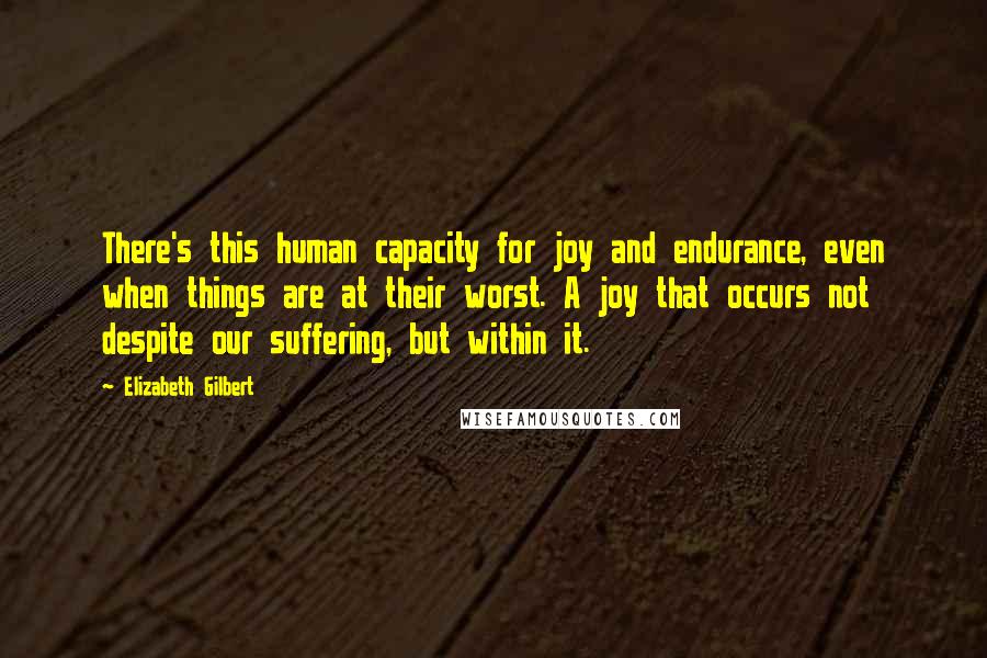 Elizabeth Gilbert Quotes: There's this human capacity for joy and endurance, even when things are at their worst. A joy that occurs not despite our suffering, but within it.