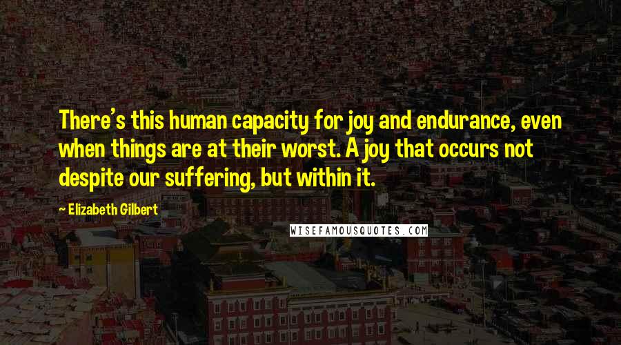 Elizabeth Gilbert Quotes: There's this human capacity for joy and endurance, even when things are at their worst. A joy that occurs not despite our suffering, but within it.