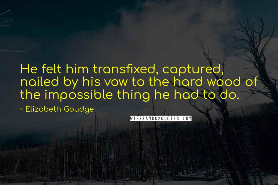 Elizabeth Goudge Quotes: He felt him transfixed, captured, nailed by his vow to the hard wood of the impossible thing he had to do.