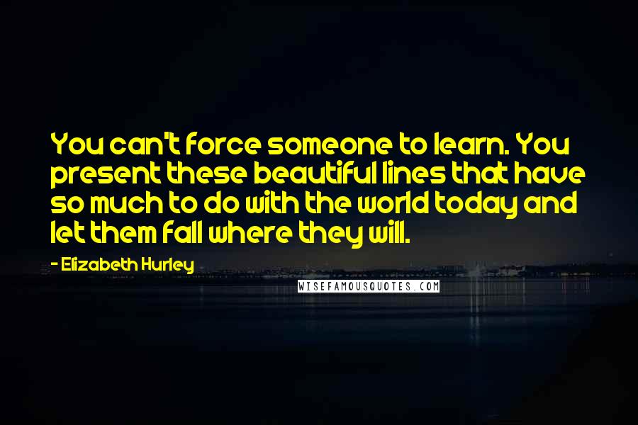 Elizabeth Hurley Quotes: You can't force someone to learn. You present these beautiful lines that have so much to do with the world today and let them fall where they will.