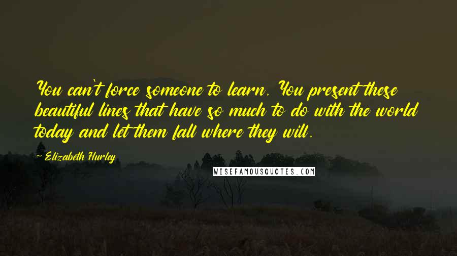 Elizabeth Hurley Quotes: You can't force someone to learn. You present these beautiful lines that have so much to do with the world today and let them fall where they will.