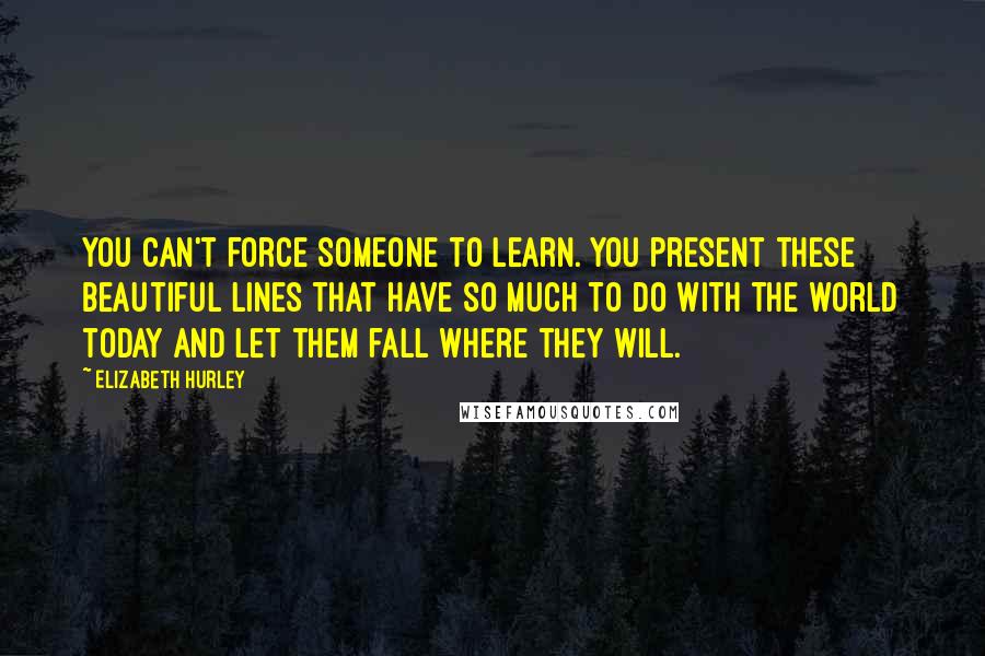 Elizabeth Hurley Quotes: You can't force someone to learn. You present these beautiful lines that have so much to do with the world today and let them fall where they will.