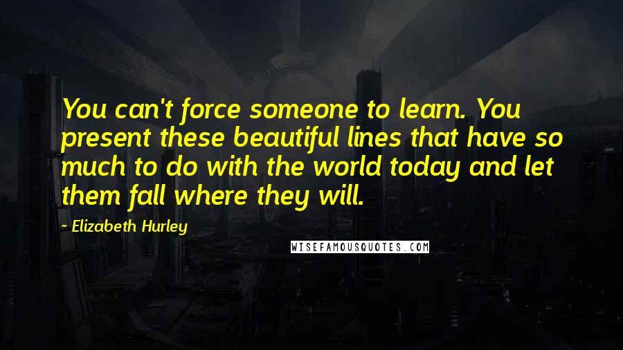 Elizabeth Hurley Quotes: You can't force someone to learn. You present these beautiful lines that have so much to do with the world today and let them fall where they will.