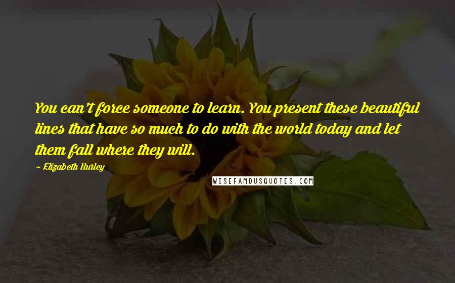 Elizabeth Hurley Quotes: You can't force someone to learn. You present these beautiful lines that have so much to do with the world today and let them fall where they will.