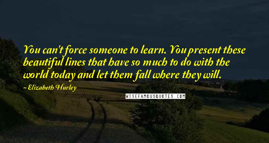 Elizabeth Hurley Quotes: You can't force someone to learn. You present these beautiful lines that have so much to do with the world today and let them fall where they will.