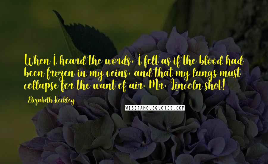 Elizabeth Keckley Quotes: When I heard the words, I felt as if the blood had been frozen in my veins, and that my lungs must collapse for the want of air. Mr. Lincoln shot!