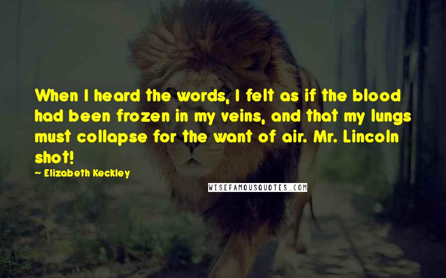 Elizabeth Keckley Quotes: When I heard the words, I felt as if the blood had been frozen in my veins, and that my lungs must collapse for the want of air. Mr. Lincoln shot!