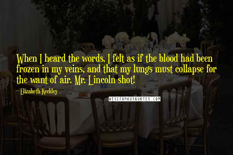 Elizabeth Keckley Quotes: When I heard the words, I felt as if the blood had been frozen in my veins, and that my lungs must collapse for the want of air. Mr. Lincoln shot!