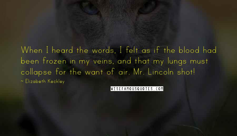 Elizabeth Keckley Quotes: When I heard the words, I felt as if the blood had been frozen in my veins, and that my lungs must collapse for the want of air. Mr. Lincoln shot!