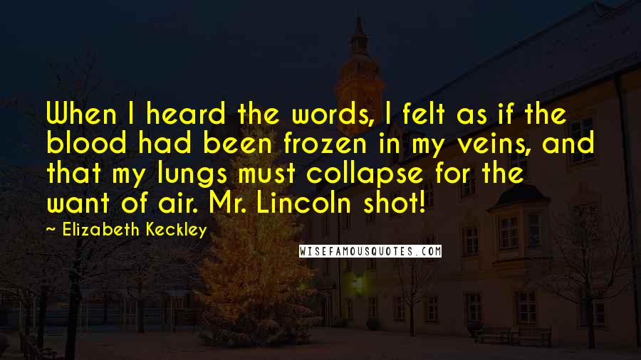 Elizabeth Keckley Quotes: When I heard the words, I felt as if the blood had been frozen in my veins, and that my lungs must collapse for the want of air. Mr. Lincoln shot!