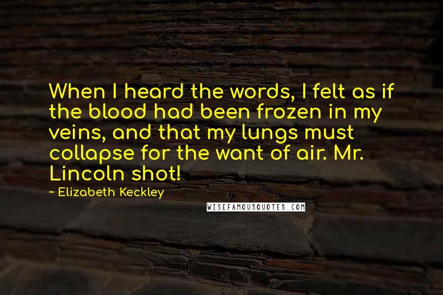 Elizabeth Keckley Quotes: When I heard the words, I felt as if the blood had been frozen in my veins, and that my lungs must collapse for the want of air. Mr. Lincoln shot!