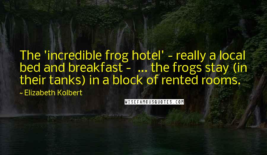 Elizabeth Kolbert Quotes: The 'incredible frog hotel' - really a local bed and breakfast -  ... the frogs stay (in their tanks) in a block of rented rooms.