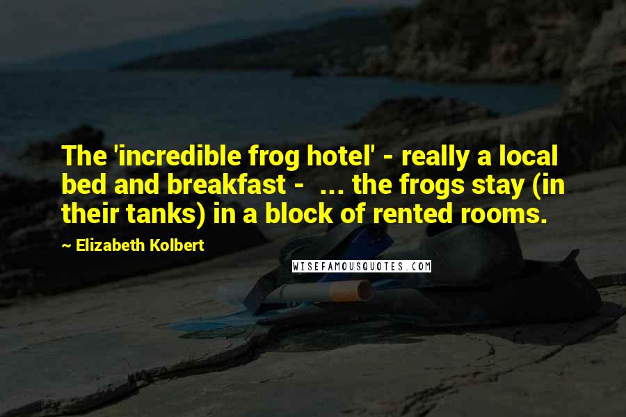 Elizabeth Kolbert Quotes: The 'incredible frog hotel' - really a local bed and breakfast -  ... the frogs stay (in their tanks) in a block of rented rooms.