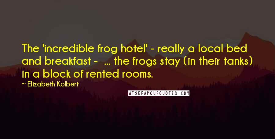 Elizabeth Kolbert Quotes: The 'incredible frog hotel' - really a local bed and breakfast -  ... the frogs stay (in their tanks) in a block of rented rooms.