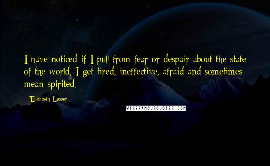 Elizabeth Lesser Quotes: I have noticed if I pull from fear or despair about the state of the world, I get tired, ineffective, afraid and sometimes mean-spirited.