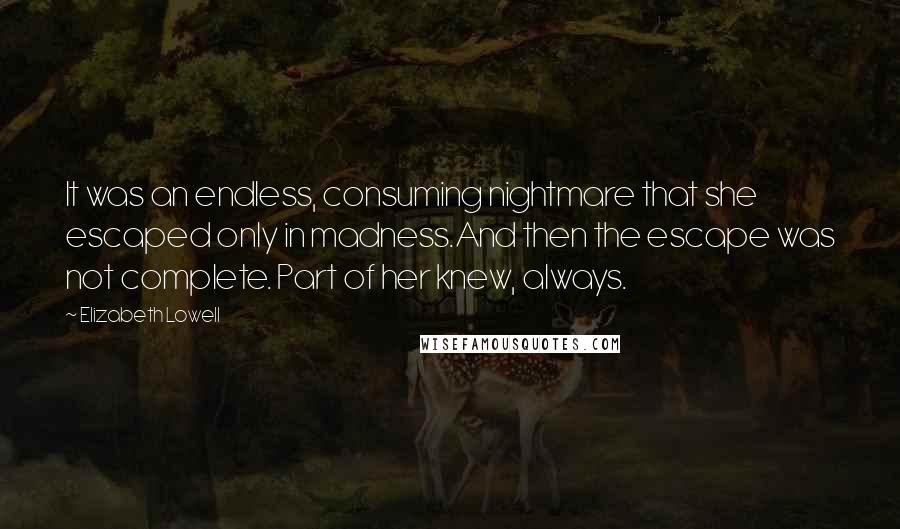 Elizabeth Lowell Quotes: It was an endless, consuming nightmare that she escaped only in madness.And then the escape was not complete. Part of her knew, always.